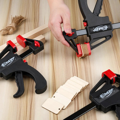 One Handed Bar Clamps for Woodworking Set 6 Inch F Clamp with Quick Change Mechanism 130 Lb Load Light Duty 4 Pack in use