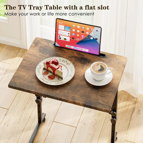 Adjustable Folding TV Tray Table for Eating and Snacking, 6 Height Levels, with cake and coffee on sturdy MDF top, brown.