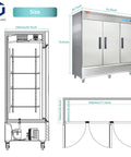 Hella Spacious 72 Cubic Foot Three Door Commercial Reach In Upright Refrigerator With Solid Doors And Heavy Duty Racks dimensions and design features.