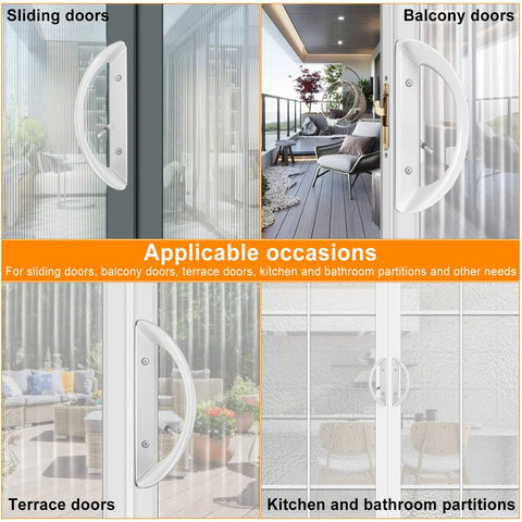 Premium Sliding Patio Door Handle Set With Lock And Key Cylinder For One And A Half To One And Three Quarters Inch Doors Reversible Design Includes Interior Handle Exterior Pull Mortise Lock Thumb Latch And All Screws For Easy Replacement shown on various doors