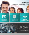 Customer support team with headset icons showing FCC, warranty, energy-saving details, and manufacturing experience.