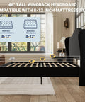 Queen Size Velvet Upholstered Bed Frame With Tall Wingback Headboard And Channel Quilting Modern Retro Bedroom Furniture In Black, showing height and mattress compatibility.