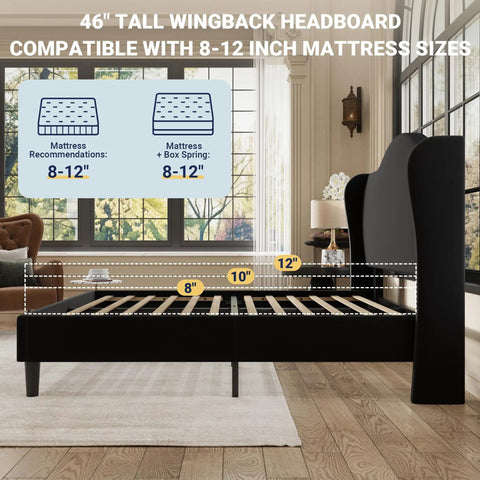 Queen Size Velvet Upholstered Bed Frame With Tall Wingback Headboard And Channel Quilting Modern Retro Bedroom Furniture In Black, showing height and mattress compatibility.