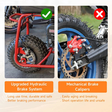 Comparison of upgraded hydraulic brake system and mechanical brake calipers on mini bike rear wheels, showing durability differences.