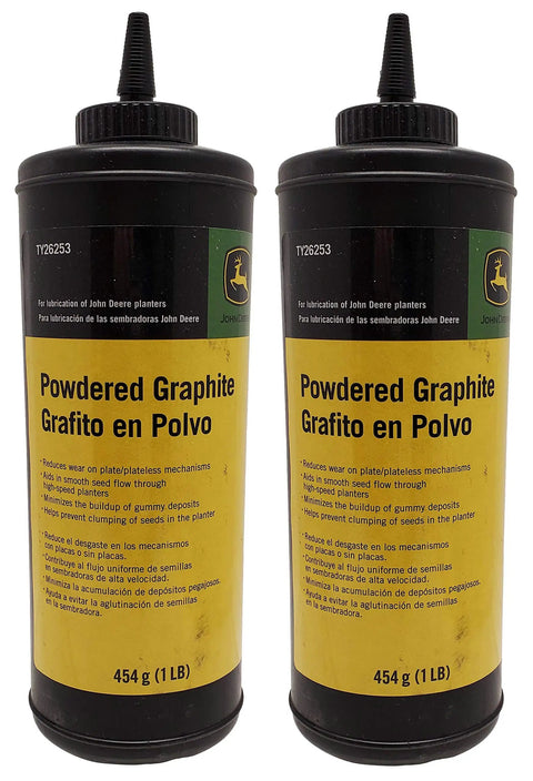 Two bottles of powdered graphite for seed planters, labeled Original Equipment Powdered Graphite For High Speed Seed Planters 2 Pack Reduces Wear On Plate Mechanisms Keeps Seed Flow Smooth Prevents Gummy Deposits And Seed Clumping OEM TY26253 2.