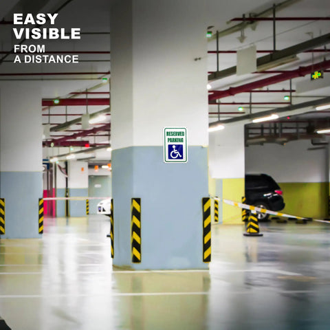 Reserved Handicap Parking Signs 8x12 Inches Reflective Aluminum 2 Pack on garage pillar, easy visible from a distance