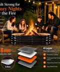 Family enjoying 48 Inch Beast Heavy Duty Square Fire Pit Ring For Outdoor Use, detailed steel structure diagram shown