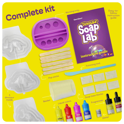 Kids Dinosaur Soap Making Kit For Fun DIY Bath Time Crafts Include Colorful T Rex Stegosaurus And Styracosaurus Soaps Learn Science While You Soak Playful Bath Toy Set, complete kit with molds, tray, colors, and guide