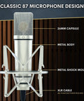 Ma-87 Studio Condenser Microphone With 26mm Gold Diaphragm Capsule showing metal shock mount and XLR cable connection.