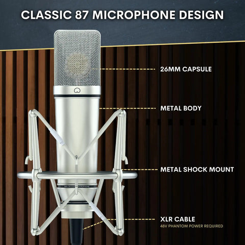 Ma-87 Studio Condenser Microphone With 26mm Gold Diaphragm Capsule showing metal shock mount and XLR cable connection.