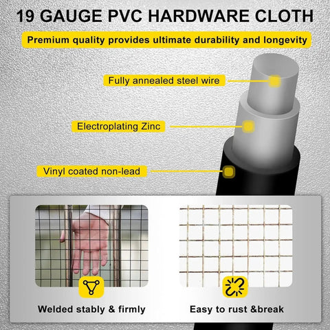 19 Gauge PVC Vinyl Coated Heavy Duty Black Hardware Cloth Roll features durable galvanized steel for enhanced protection.