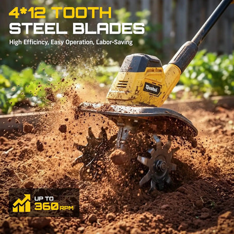 Cordless Garden Tiller Tool Only For Lawn And Garden 360 RPM Rototiller tilling soil with 9 inch width and 48 steel tines
