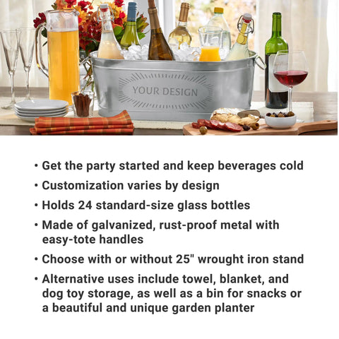 Personalized Galvanized Beverage Tub With Name And Initial For Parties, Custom Drink Cooler, 5.5 Gallons on a table with drinks