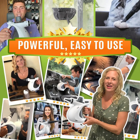 Straight Up Pressurized Handheld Steam Cleaner With Twelve Quick Swap Attachments used for cleaning upholstery and surfaces.