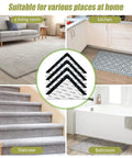 Ultra Thin Non Slip Rug Tape For Hardwood Floors, Double Sided Adhesive Rug Stickers shown in living room, kitchen, stairs, bathroom