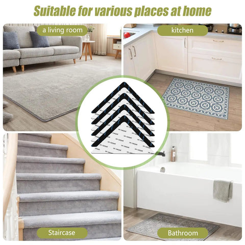 Ultra Thin Non Slip Rug Tape For Hardwood Floors, Double Sided Adhesive Rug Stickers shown in living room, kitchen, stairs, bathroom