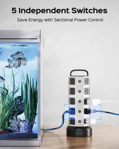 26 In 1 Power Station With 20 Outlets And 6 USB Ports Including 2 USB C next to aquarium on wooden desk