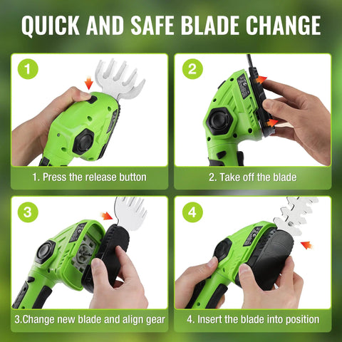 Steps for changing blade on 2 In 1 Cordless Grass Shear And Shrub Trimmer For Quick Hedge Shaping, Handheld Hedge Cutter