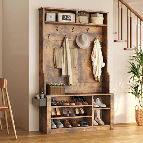 Entryway Hall Tree With Bench And Storage 3 In 1 Coat Rack And Shoe Storage 2 Tier Top Storage Rustic Brown Space Saver