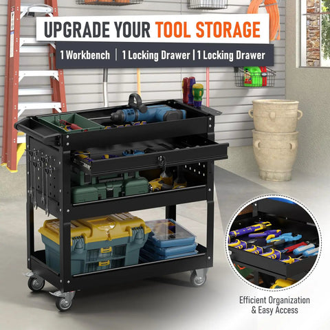 Beefed Up Heavy Duty 3 Tier Rolling Tool Cart On Wheels With Drawers 400 Lbs Capacity Steel Service Cart for garage shop
