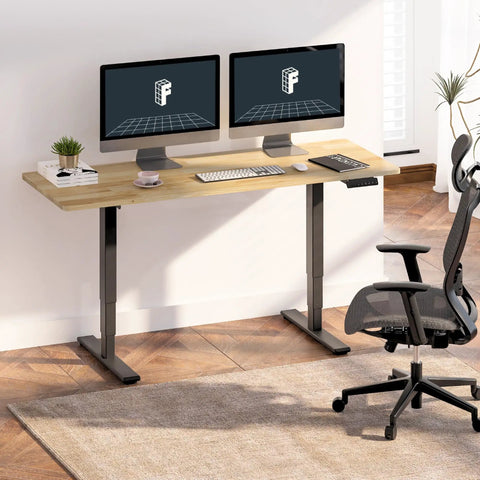 FlexiSpot E6 Solid Wood Electric Standing Desk With 2-Stage Dual Motor Adjustable Height Up To 48 inches By 24 inches Heavy Duty Rubberwood Desktop Computer Workstation For Home Office Sturdy Ergonomic with dual monitors.