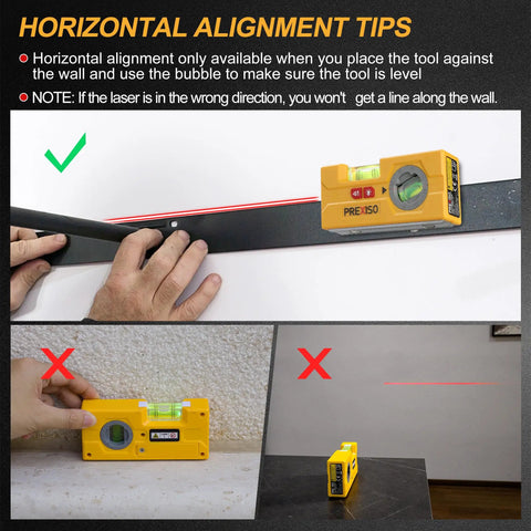 2-In-1 Line Laser Level With Light And Rotatable Magnetic Pocket Level in use for wall marking and alignment tips visible.