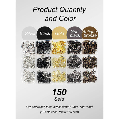 Dope Brass Snap Button Kit For Sewing 150 Sets With 450 Pieces 10mm 12mm 15mm Snaps In 5 Colors For DIY Fashion And Clothing Craft Projects Fasteners Press Studs layout in silver, black, gold, gun black, and antique bronze colors.