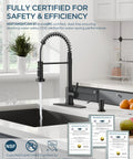 Slick Black Kitchen Faucet With Built In Soap Dispenser Serves Up A Smooth Pull Down Sprayer In Three Easy Modes Made From Solid Lead Free Stainless Steel For Absolutely Zero Drip Drama On Your Daily Kitchen Hustle, showcasing water flow and certifications.