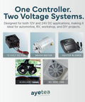 Stepless DC Motor Speed Controller For 12V And 24V Systems With 10A PWM Variable Regulator And Smooth Rotary Dial Easy Install Replacement For Broken Factory Switches Panel Mount Drive Controller For RC Cars Robotics And DIY Projects, shown with 12V fan and motors