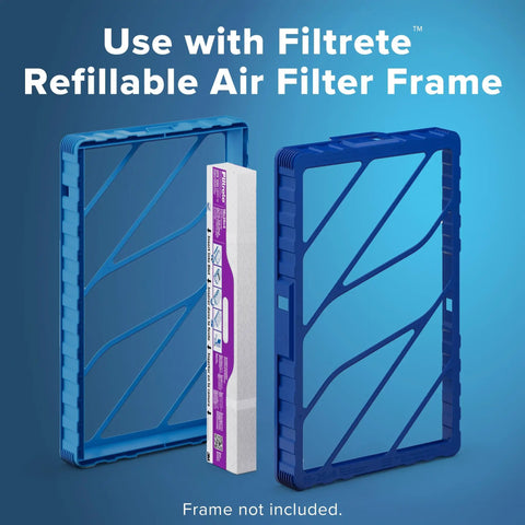 Filtrete 16x25x4 Refillable Air Filter replacement, MPR 1550, MERV 12, 2 Pack shown with reusable air filter frame