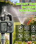 Rotary timer watering controller attached to garden hose displaying LCD with rain delay and auto watering options for lawn and garden.