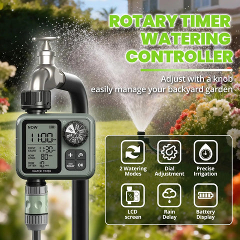 Rotary timer watering controller attached to garden hose displaying LCD with rain delay and auto watering options for lawn and garden.