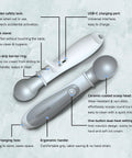 Rechargeable Heated Ice Cream Scoop With On Off Safety Lock Switch Dual Temp Warming Modes Ergonomic Handle Electric Kitchen Tool For Gelato Frozen Yogurt Sorbet And More, features labeled
