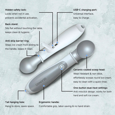 Rechargeable Heated Ice Cream Scoop With On Off Safety Lock Switch Dual Temp Warming Modes Ergonomic Handle Electric Kitchen Tool For Gelato Frozen Yogurt Sorbet And More, features labeled