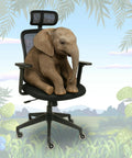 Cute elephant sitting on office chair with rollerblade wheel casters amid tropical background, showcasing chair capacity.