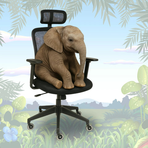 Cute elephant sitting on office chair with rollerblade wheel casters amid tropical background, showcasing chair capacity.