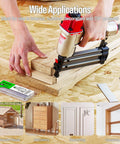 Using the 18 Gauge Pneumatic Brad Nailer Kit with 2000 nails for small woodwork on plywood, compatible with 70-100 PSI compressors.