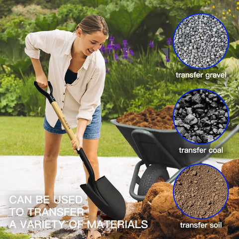 Person using 41 Inch Round Point Shovel For Digging And Heavy Duty Garden Work With D Handle And Wooden Grip in garden