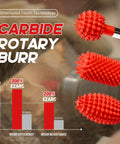 EZARC tungsten carbide rotary burr kit, front view: 3 red spike bits on 1/8" shaft for wood carving, storage case.