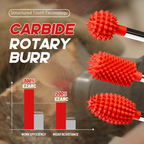 EZARC tungsten carbide rotary burr kit, front view: 3 red spike bits on 1/8" shaft for wood carving, storage case.