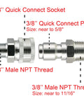 Two chrome-plated high-pressure hose fittings shown side-by-side with 3/8 in NPT threads and quick-connect ends.