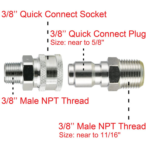 Two chrome-plated high-pressure hose fittings shown side-by-side with 3/8 in NPT threads and quick-connect ends.