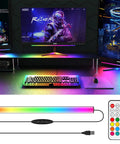 2-In-1 Under Monitor Light Bar For Gaming Setup With RGB Desk LED Remote Control USB Powered 5V Color Changing Lamp shown with remote