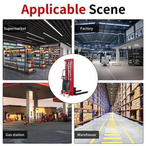 Rock Solid Electric Pallet Stacker With 3300 Lbs Load Capacity And 118 Inch Max Lift Height in a warehouse, factory, supermarket, and gas station.