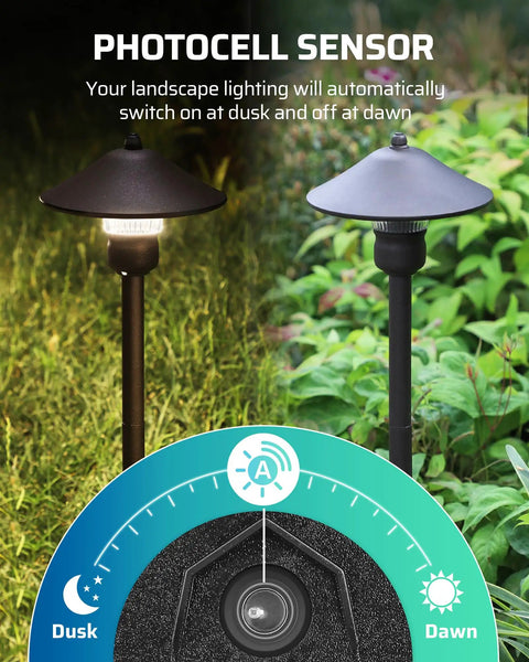 Photocell sensor for 60W Low Voltage Landscape Transformer With Dusk To Dawn Photocell For Outdoor Lighting Converts 120V AC To 12V AC Powers Yard And Garden Lights Spotlights Patio Pathway Lamps UL Listed Safe Easy Install Weatherproof.