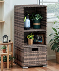 Outdoor Pool Towel Rack And Rattan Wicker Storage Cabinet Shed With Shelves And Drawer Waterproof Patio Organizer No Fuss In Brown Three Height Adjustments Durable Backyard Towel And Pool Gear Storage with plants and decor inside.