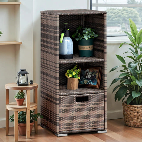 Outdoor Pool Towel Rack And Rattan Wicker Storage Cabinet Shed With Shelves And Drawer Waterproof Patio Organizer No Fuss In Brown Three Height Adjustments Durable Backyard Towel And Pool Gear Storage with plants and decor inside.