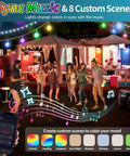People dancing with music-synced multicolor lights on a patio with a phone app displaying light control options.