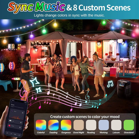 People dancing with music-synced multicolor lights on a patio with a phone app displaying light control options.