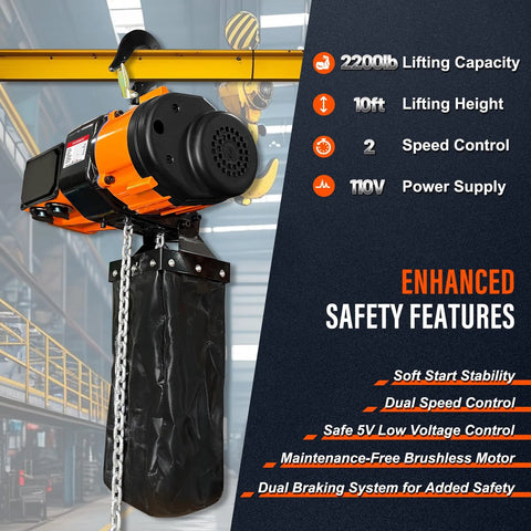 YATOINTO 2-speed electric chain hoist, 2200lb capacity, orange motor housing with chain and hanging bag, front view